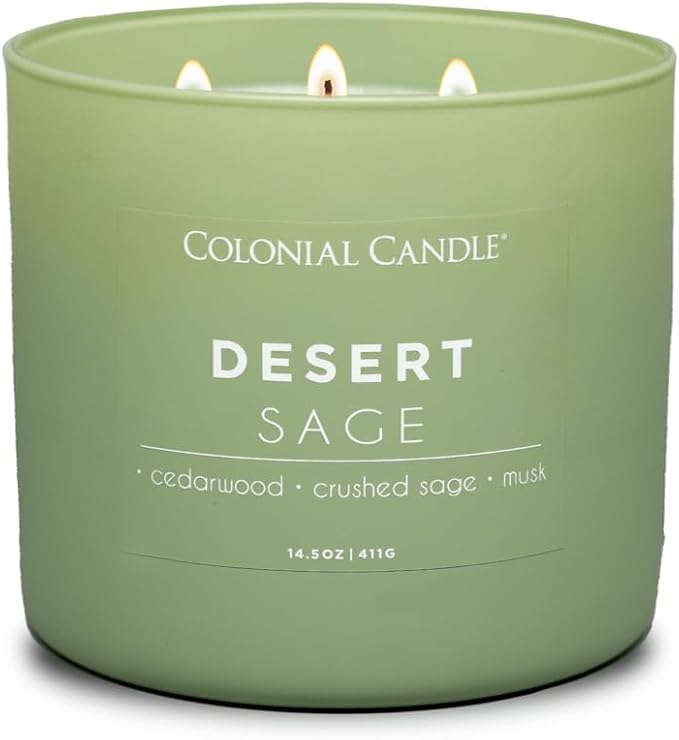 Colonial Candle Desert Sage Scented Jar Candle, Pop of Color Collection, 3 Wick, 14.5 oz - Up to 60 Hours Burn