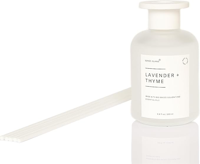 Reed Diffuser Set, Lavender Thyme Scent, 6.7 oz, Home Fragrance with 5 Diffuser Sticks Long Lasting Fragrance (White)