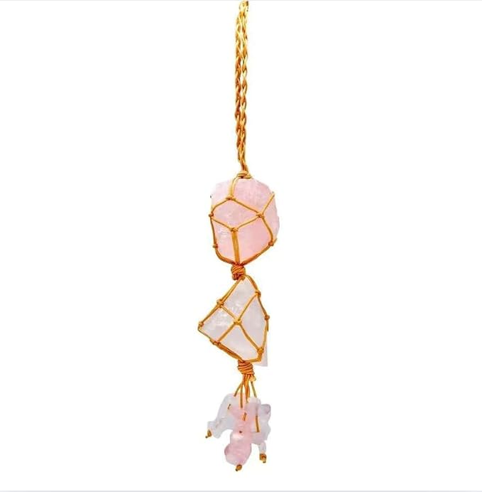 Raw Rose Quartz Car Diffuser Hanging Ornament | Natural Crystal Aromatherapy Charm for Rear View Mirror, Boho Essential Oil Diffuser for Yoga & Home Decor, Spiritual Gift Set for Women