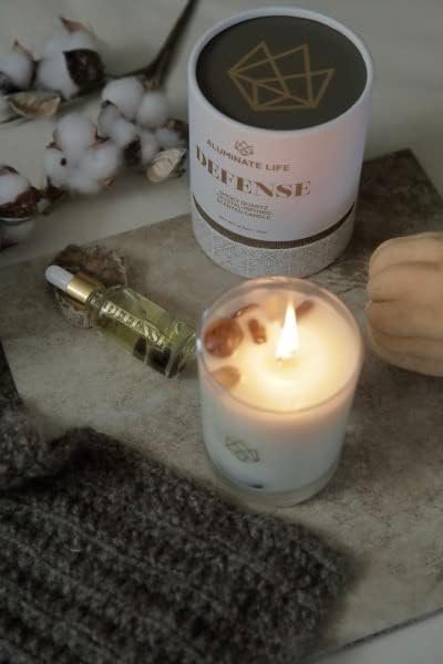 Luxury Glass Jar Candle, 14.5 OZ, Defense - Smoky Quartz Crystal Infused - Scents of Frankincense, Neroli, & Sage - Detoxify, Ground, & Fortify - Coconut Wax Blend, Essential Oils