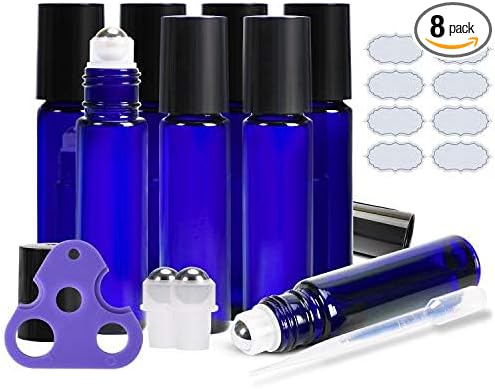 ULG Roll on Bottles 10ml Blue Glass Empty Bottles 8 Pack with Stainless Steel Roller Ball 2 Extra Balls 8 Piece Waterproof Labels 1 Opener and 3ml Dropper for Essential Oils