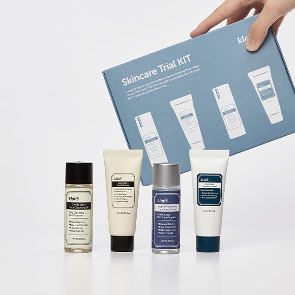 DearKlairs Skincare Travel Trial Kit – Korean Mini Set with Cleansing Oil, Foaming Cleanser, Toner & Soothing Cream, Facial Gift Set for All Skin Types, Vegan, Cruelty-Free
