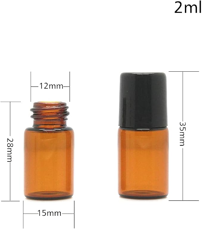 Furnido 25 Pack 2ml Amber Glass Roll on Bottle For Essential Oils,Perfume Vial with Stainless Steel Roller Ball,Black Caps Mini Sample Vials Cosmetics Small Container