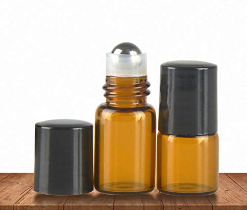 25 Pack 1ml (1/4 Dram) Colorful Glass Roll On Glass Bottles for Essential Oils,Empty Glass Vial with Stainless Steel Roller Balls Perfume Aromatherapy Travel Roll On Container-5 Color Options (Amber)
