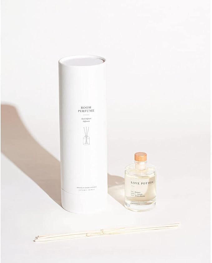 Brooklyn Candle Studio Reed Scent Diffuser - Love Potion - Relaxing Oil Diffuser, Jasmine, Lavender & Mandarin Fragrance, 8 Rattan Diffuser Reeds, Clean Ingredients - 3.7oz