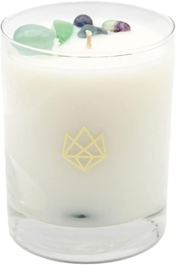 Luxury Glass Jar Candle, 14.5 OZ, Focus - Fluorite Crystal Infused - Scents of Orange, Ginger, Ylang-ylang, & Lavender - Awareness, Mental Order, & Clarity - Coconut Wax Blend