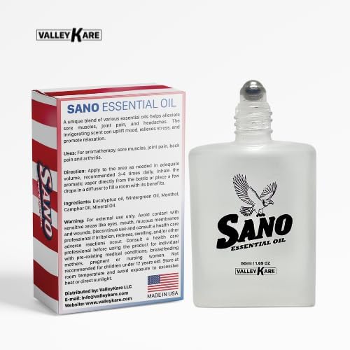 Sano Essential Oil - All Natural Oil for Muscle Soreness Joint Discomfort Relief, Tension Headache and Migraine, Stress Relief, Calming and Relaxing Sensation - 1.69 fl oz