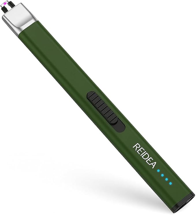 REIDEA Lighter R1 Electronic Candle Lighter, Windproof Flameless USB Rechargeable Flat Arc with Safe Button and Power Indicator for Candle, BBQ and Fireworks, Pine Green