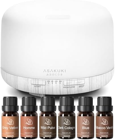 ASAKUKI Diffuser Oil Set – 500ml Oil Diffuser with 6 Masculine Essential Oils – Dark Cologne, Tobacco Vanilla, Vetiver, More – for Home, Office, Gift