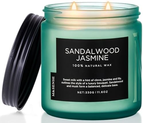 M&SENSE Sandalwood Jasmine Home Scented Candles, 11.6oz Organic Natural Soy Wax, 70 Hours Long Lasting Slow Burning, Non Toxic Clean Burn, Spring Floral Smelling for Meditation Relaxation