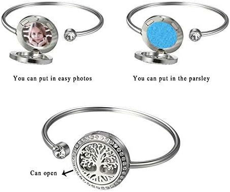Cupimatch Adjustable Tree of Life Essential Oil Diffuser Bracelet, Stainless Steel CZ Aromatherapy Locket Bangle 8 Color Pads Jewelry Set for Women for Mother's Day