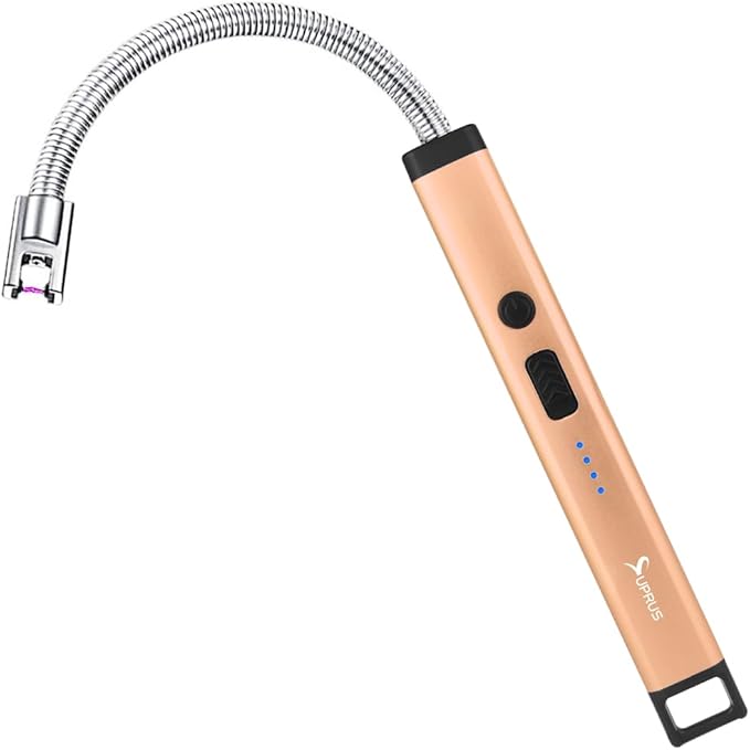 SUPRUS Rechargeable Candle Lighter Electric Arc Triple Safety Long Lighter Stainless Steel Shell & Hanging Hook (Peach Fuzz)