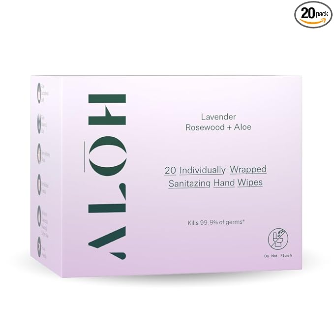 ALŌH Skin- Softening Sanitizing Hand Wipes – Lavender Rosewood + Aloe -1 box of 20ct Individually Wrapped Wipes