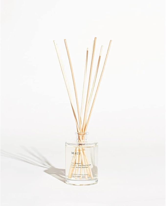 Brooklyn Candle Studio Reed Scent Diffuser - Maui - Relaxing Oil Diffuser, Sea Salt, Driftwood & Ylang Ylang Fragrance, 8 Rattan Diffuser Reeds, Clean Ingredients - 3.7oz