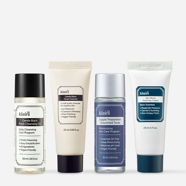 DearKlairs Skincare Travel Trial Kit – Korean Mini Set with Cleansing Oil, Foaming Cleanser, Toner & Soothing Cream, Facial Gift Set for All Skin Types, Vegan, Cruelty-Free