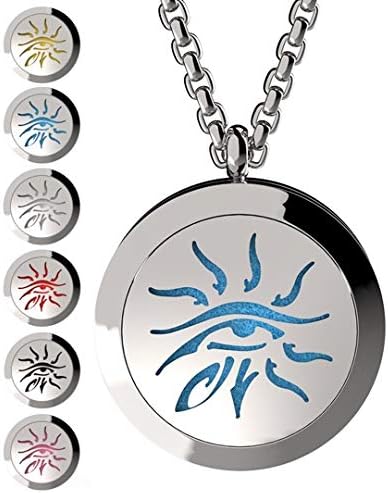 Wild Essentials Wisdom Eye Essential Oil Diffuser Necklace, Stainless Steel Locket Pendant with 24 inch Chain, 12 Color Refill Pads, Customizable Color Changing Perfume Jewelry for Aromatherapy