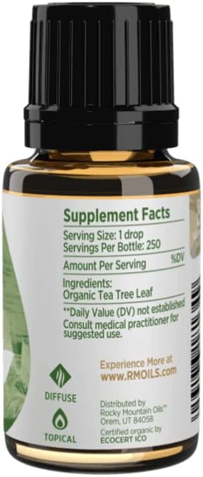 Rocky Mountain Oils Organic Tea Tree Essential Oil - 100% Pure, Undiluted, Natural Aromatherapy Oil for Skin, Hair & Diffuser, Therapeutic Grade for Hair Care, Massage and Humidifiers, USDA
