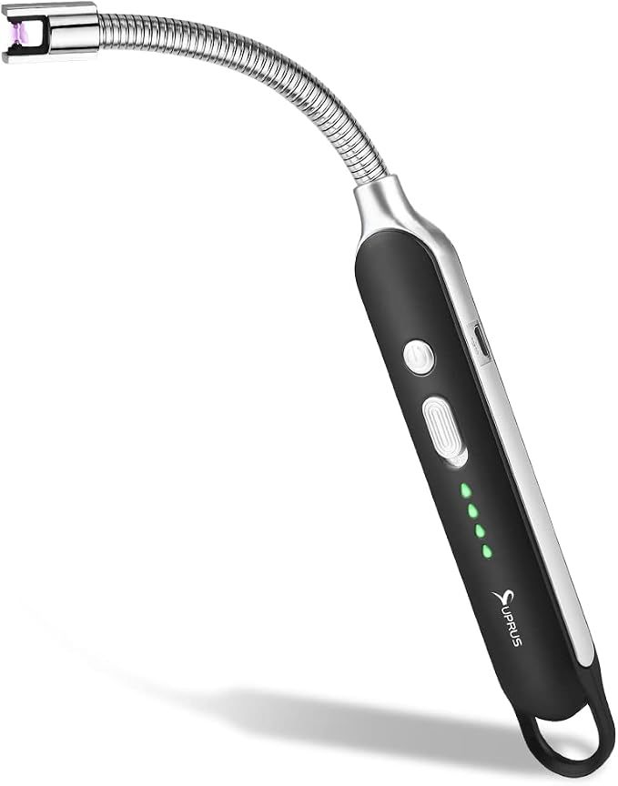 SUPRUS Electric Rechargeable Arc Lighter with LED Battery Display Long Flexible Neck USB Lighter for Candle Cooking (Black)
