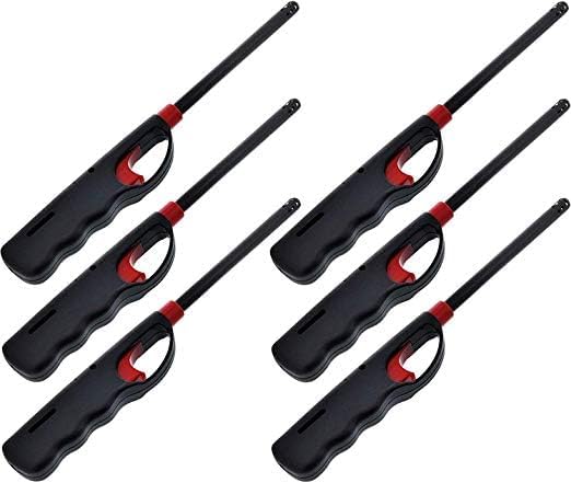 6 Pack - Fuel Included Handi BBQ Grill Click Flame Long Stem Lighter - Refillable Butane Gas Candle Fireplace Kitchen Stove Wind Resistant, Red (6)