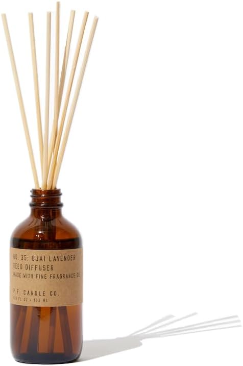 P.F. Candle Co. Ojai Lavender Classic Scented Rattan Reed Diffuser (3.5 fl oz) Amber Glass Jar, Fine Fragrance Oil, Flame-Free Fragrance, Made in The U.S.A.