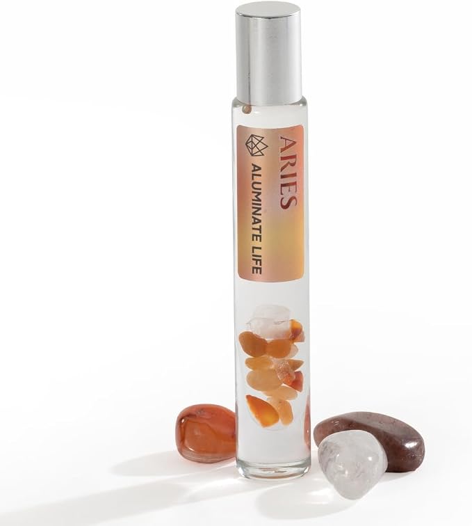 Aries Zodiac Crystal-Infused Essential Oil Rollerball, Aromatherapy Blend - Focus & Motivation, Premium Astrology Sign Birthday Gift, Natural Therapeutic Roller, 10 mL