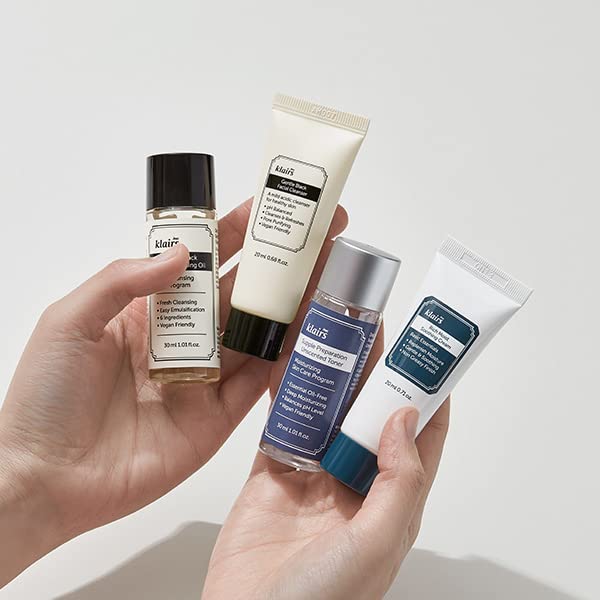 DearKlairs Skincare Travel Trial Kit – Korean Mini Set with Cleansing Oil, Foaming Cleanser, Toner & Soothing Cream, Facial Gift Set for All Skin Types, Vegan, Cruelty-Free
