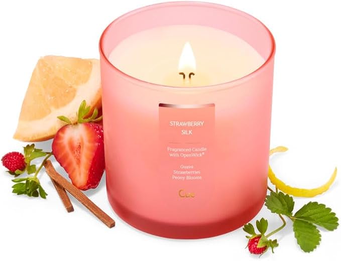 CUE Scented Candle | OpenWick Clean Burning | Soy Coconut Wax Blend | Spring | Summer | Clean Burning | Gift | Extended Burn Time (8.5oz, Strawberry Silk)