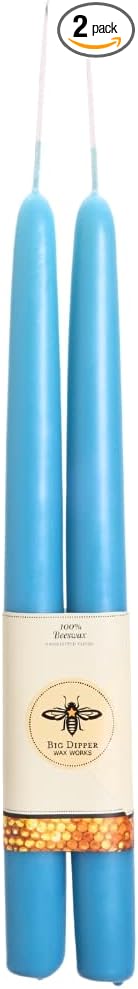 Big Dipper Wax Works Sky Blue Hand-Dipped Beeswax Taper Candles – 12” x 7/8”, 2-Pack, 100% Pure Beeswax, Long Burning, Clean, Cotton Wick, Handmade in USA, Home Décor & Wedding Candles