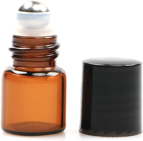 Furnido 25 Pack 1ml Amber Glass Roll on Bottle For Essential Oils,Perfume Vial with Stainless Steel Roller Ball,Black Caps Mini Sample Vials Cosmetics Small Container