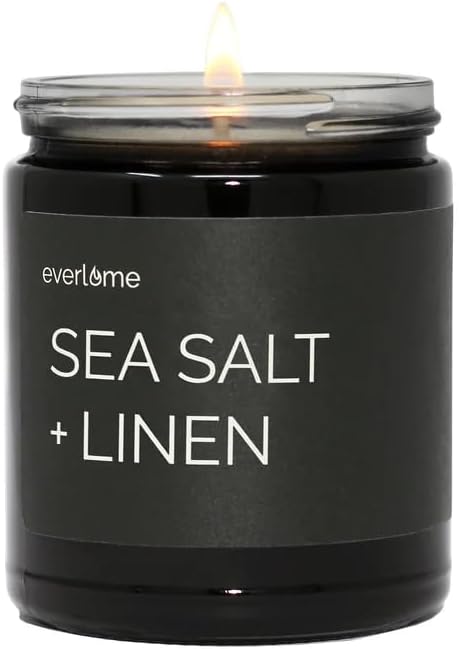 Premium Soy Wax Candle | Highly Scented Black Glass Jar Candles | Long Lasting, Clean Burn | 8 oz | Gifts for Man and Woman | Made in USA (Sea Salt + Linen)