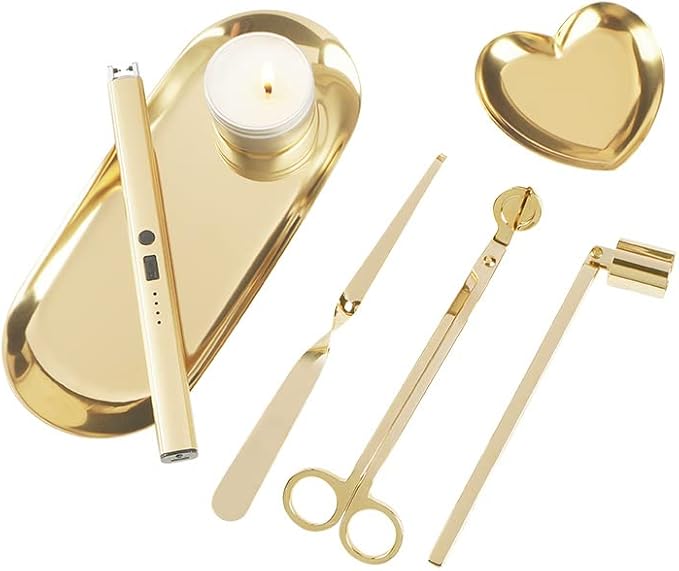 6 in 1 Candle Wick Trimmer Cutter,Candle Lighter Rechargeable, Candle Snuffer Extinguisher, Candle Wick Dipper, Candle Care Kit，Candle Accessory Set with Storage Tray Plate for Candle Lover (Gold-02)