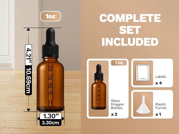 Bumobum Dropper Bottle 1 oz, 2 pack Amber Glass Eye Dropper Bottles with Labels and Funnel, Tincture Bottle with Measured Dropper - Leakproof Essential Oils Bottles for Health, Personal Care & Beauty
