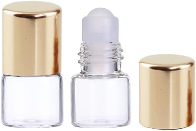 Glass Essential Oil Roller Bottles,12 Pcs Gold 1ml Mini Glass Roll on Bottles Roller Refillable Essential Oil Aromatherapy Sample Vials Container, Refillable Cosmetic Roller Bottles