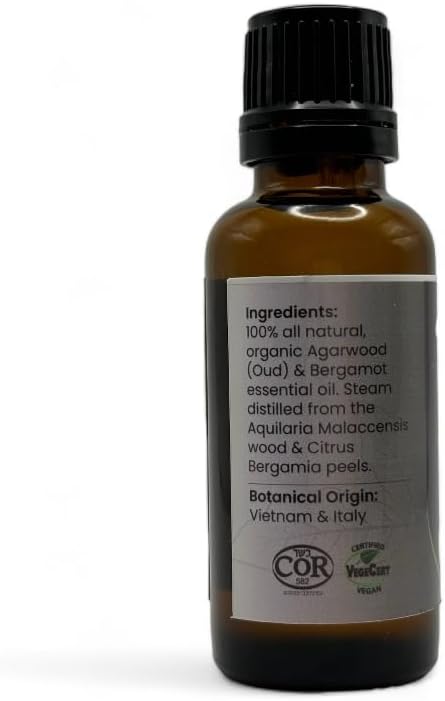 Natural Oud & Bergamot Essential Oil for Calming Aroma, Diffuser, Candle Making | Long - Lasting, Housewarming Gifts, Thanksgiving and Christmas – 30ml