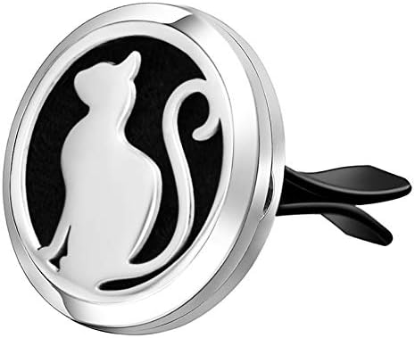 Wild Essentials Pretty Kitty Cat Essential Oil Car Vent Diffuser, Stainless Steel Locket Pendant with 12 Color Refill Pads, Customizable Color Changing Air Freshener for Aromatherapy