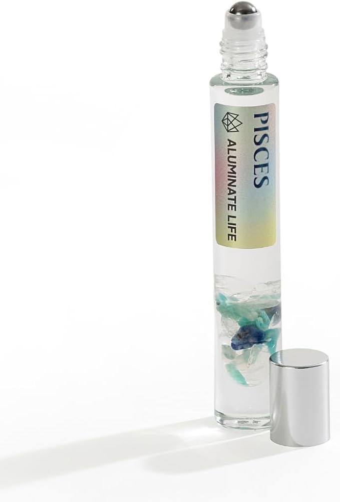 Pisces Zodiac Crystal-Infused Essential Oil Rollerball, Aromatherapy Blend - Calm & Intuition, Premium Astrology Sign Birthday Gift, Natural Therapeutic Roller, 10 mL