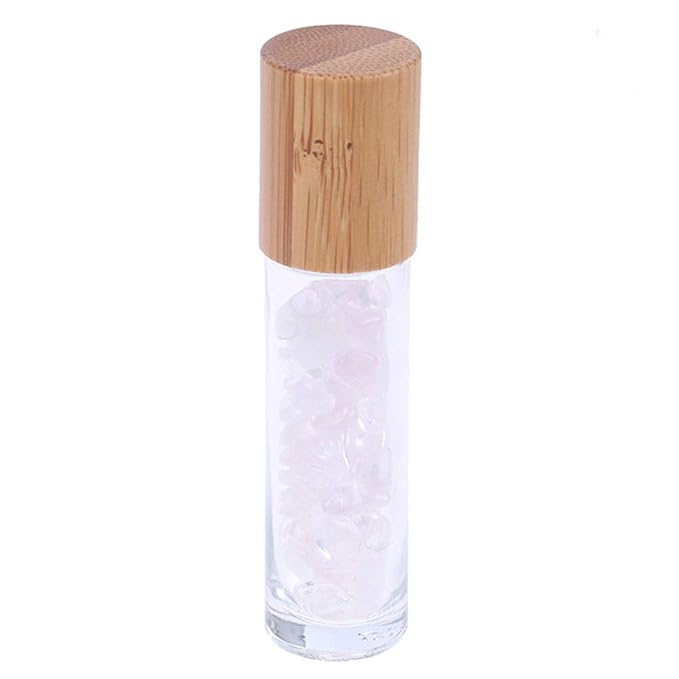 5 Pack 10ml Clear Roll On Bottles With Natural Chakra Crystal Chips for Essential Oils,Perfume Glass Roller Bottles Container Bamboo Lid,Crystal Roller,Pipette&Opener Included (Rose Quartz)