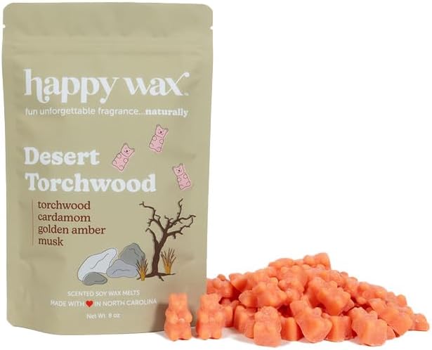 Happy Wax Desert Torchwood Scented Bear Wax Melts - Natural Strong Scented Woodsy Wax Melts Infused w/Essential Oils - Non Toxic & Pet Safe - (8 oz Pouch)