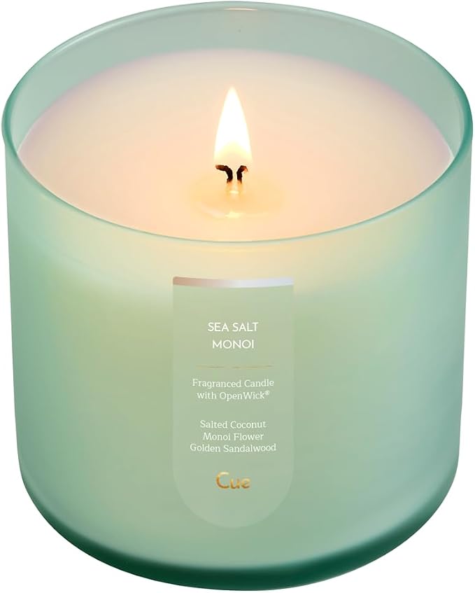 CUE Scented Candle | OpenWick Clean Burning | Soy Coconut Wax Blend | Spring | Summer | Clean Burning | Gift | Extended Burn Time (14oz, Sea Salt Monoi)