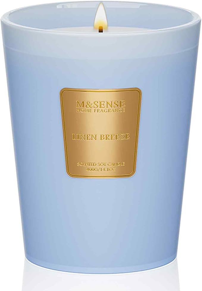 M&SENSE Linen Breeze Candle Summer Scented for Home, 14.1oz Large Candle Non Toxic 60 Hours Long Lasting Burning, Clean Linen Aromatherapy Candles for Home & Bathroom Decor