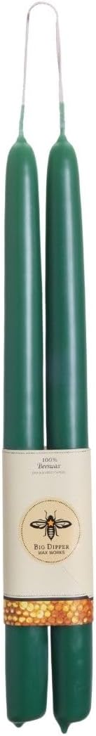 Big Dipper Wax Works Forest Green Hand-Dipped Beeswax Taper Candles – 12” x 7/8”, 2-Pack, 100% Pure Beeswax, Long Burning, Clean, Cotton Wick, Handmade in USA, Home Décor & Wedding Candles