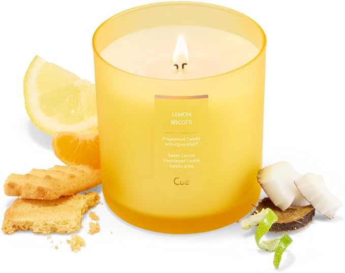 CUE Scented Candle | OpenWick Clean Burning | Soy Coconut Wax Blend | Spring | Summer | Clean Burning | Gift | Extended Burn Time (8.5oz, Lemon Biscotti)