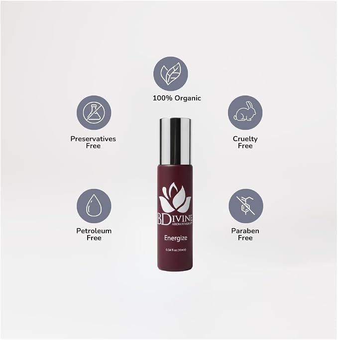 Energize Aromatherapy Roll-On, Therapeutic, Organic Essential Oil Blends. (Energize)