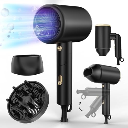 Hair Dryer, 150000RPM Ionic Blow Dryer - Fast Drying, Low Noise, Foldable Portable with Diffuser and Nozzle, Compact Mini for Women and Men, Home and Travel - Black 002