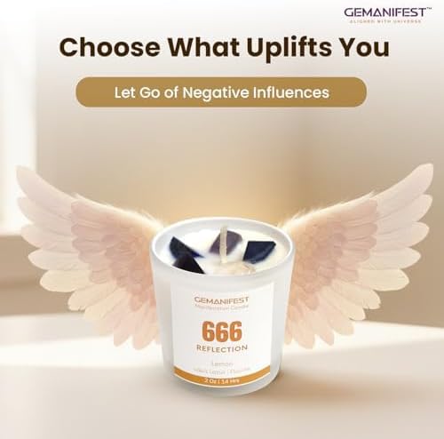 Angel Number 666 Manifestation Candle Crystal Infused Soy Wax with Lapis Lazuli and Fluorite Lemon Scented Spiritual Gift for Reflection and Energy Alignment