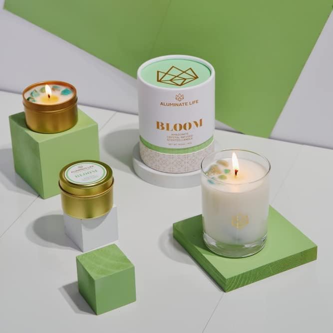 Luxury Candle Tin, 4 OZ, Bloom - Amazonite Crystal Infused - Scents of Lavender, Neroli, and Jasmine - Hope, Discovery, & Growth - Coconut Wax Blend, Essential Oils, Dr. Developed