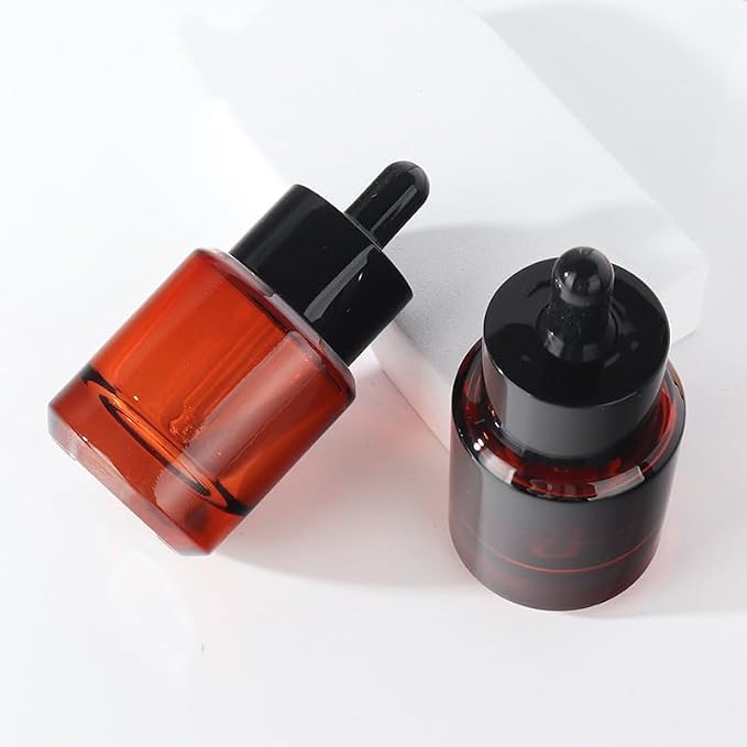 Happyupcity 2Pcs 30ml/1 oz Glass Dropper Bottles with Black Eye Droppers Lid Empty Refillable Essential Oil Bottles Travel Perfume Sample Vials Essence Liquid Cosmetic Containers