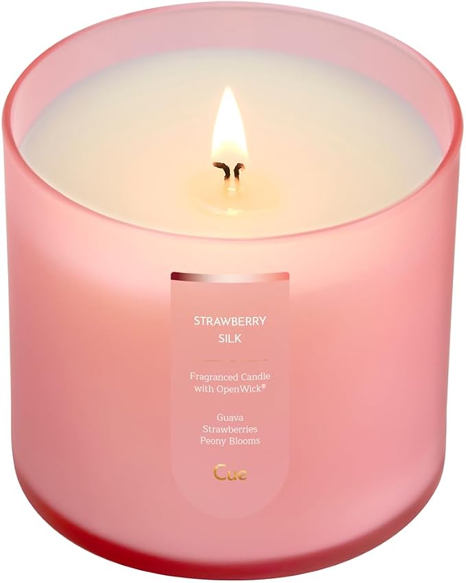 CUE Scented Candle | OpenWick Clean Burning | Soy Coconut Wax Blend | Spring | Summer | Clean Burning | Gift | Extended Burn Time (14oz, Strawberry Silk)