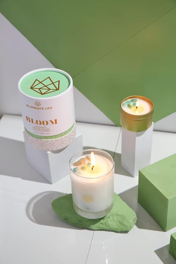 Bloom Aromatherapy Candle for Spiritual Healing, Wellness & Meditation – Amazonite Crystal-Infused with Lavender, Neroli & Jasmine – 14.5 oz Long-Burn Coconut Wax, Reusable Glass