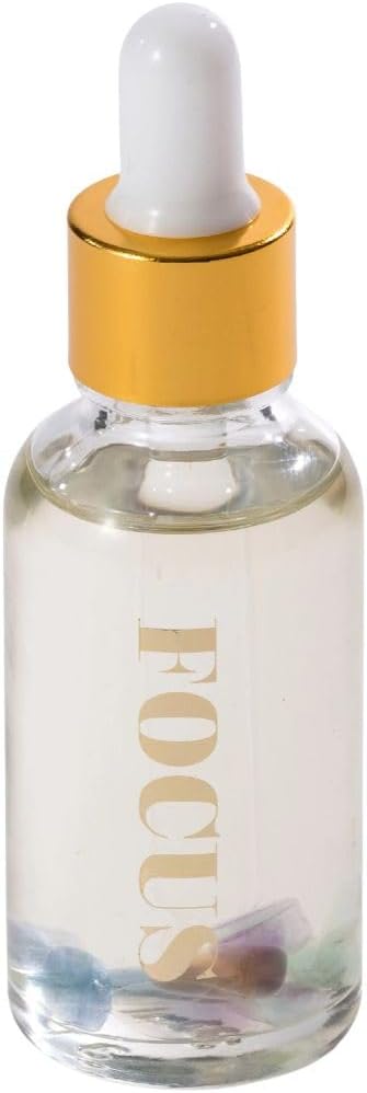 Crystal Infused Essential Oil Vial, 1 Oz, Focus - Fluorite Crystal Infused - Scents of Orange, Ginger, Ylang-ylang, & Lavender - Aromatherapy Oils, Massage, Relaxing, Stress Relief